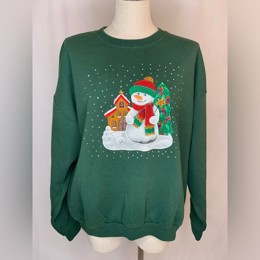 Ugly Christmas sweater Holiday Snowman large green crewneck pullover puffy paint